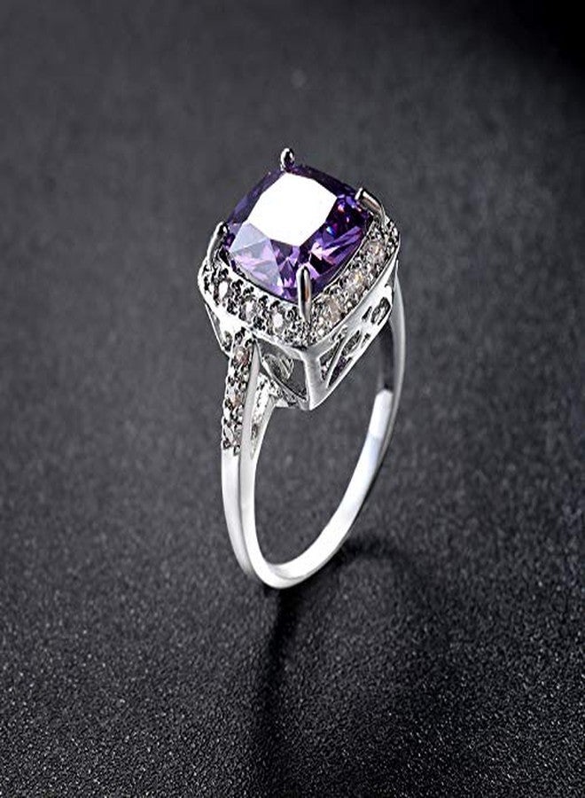 JerMrasra Birthstone Rings for Women White Gold Amethyst Cocktail Rings Purple CZ Engagement Ring Princess Cut Square Cubic Zirconia 925 Sterling Silver Shiny Full Diamond Ring for Women（6） - Image 3